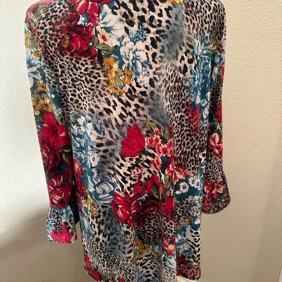 Now N Forever Boho Artsy Mixed Media Tunic 3/4 Sleeve Floral Animal Print Size M - Picture 6 of 8